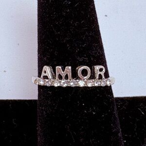 Silver Tone 'AMOR' Ring with Crystals Size 8